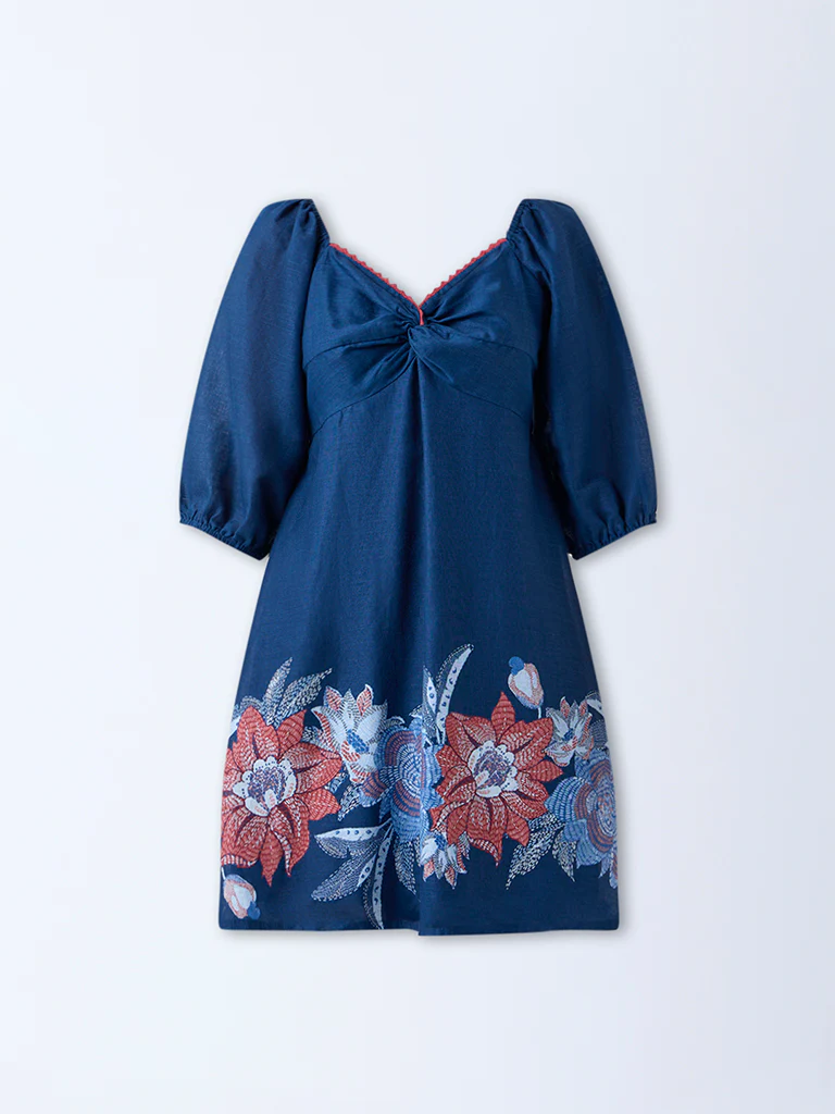 Bombay Paisley Blue Floral Cotton A-Line Dress - Image 5