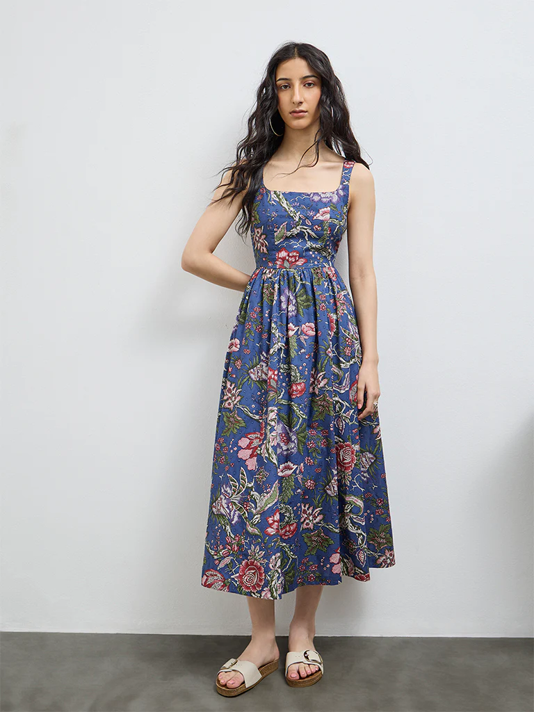 Bombay Paisley Blue Floral Cotton A-Line Dress - Image 2