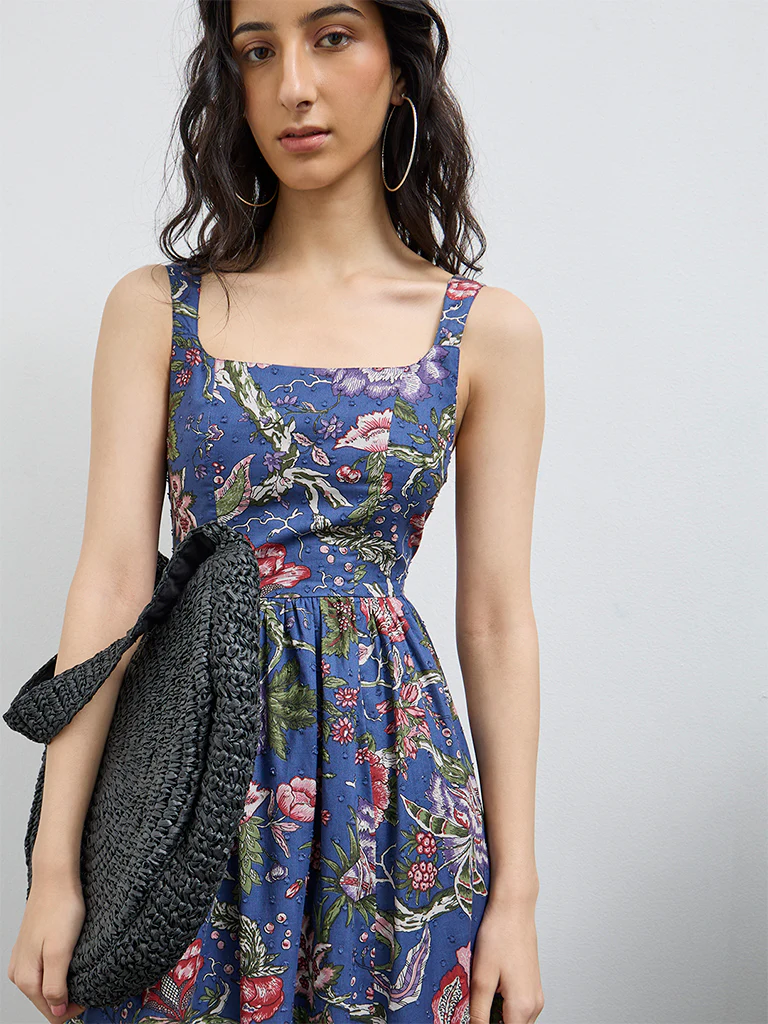 Bombay Paisley Blue Floral Cotton A-Line Dress - Image 3