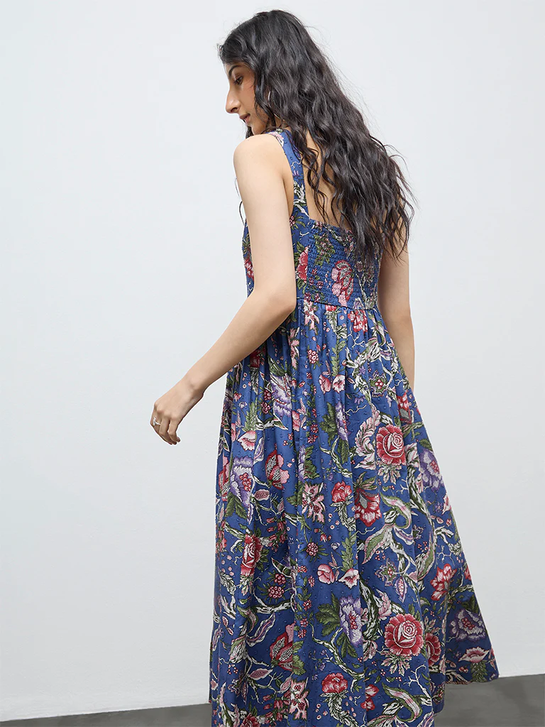 Bombay Paisley Blue Floral Cotton A-Line Dress - Image 4