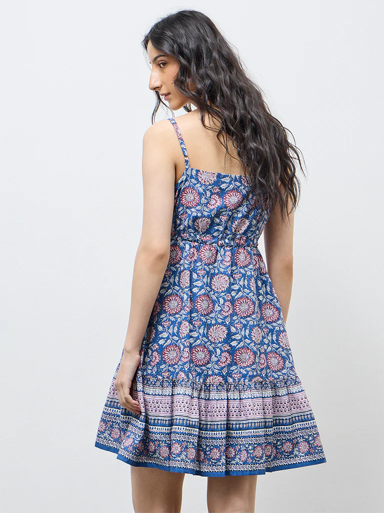Bombay Paisley Blue Floral Cotton A-Line Dress - Image 4