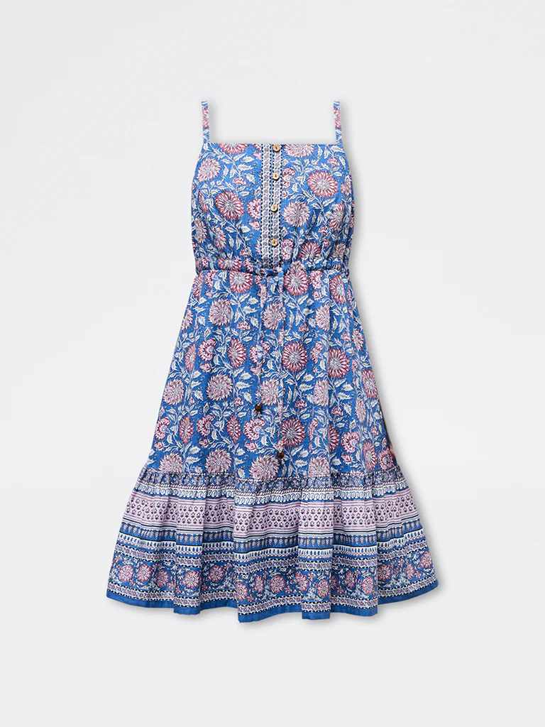 Bombay Paisley Blue Floral Cotton A-Line Dress - Image 5