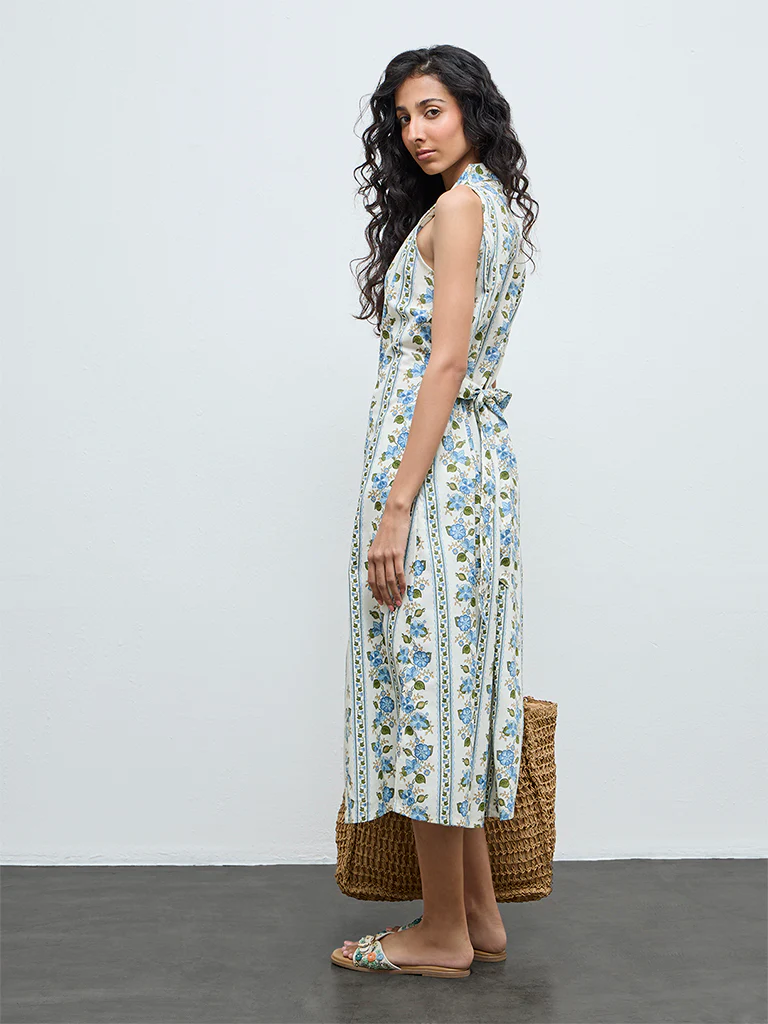 Bombay Paisley Blue Floral Cotton-Blend Shirt Dress - Image 4