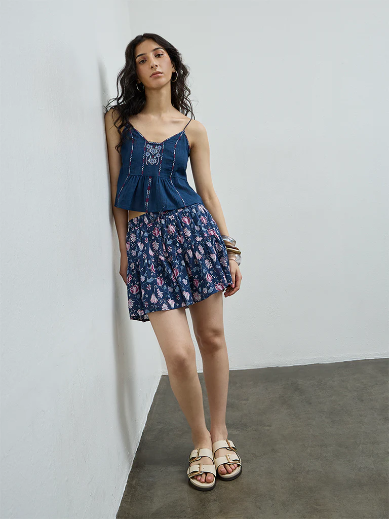 Bombay Paisley Blue Floral Cotton Skirt