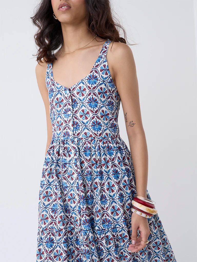 Bombay Paisley Blue Floral Cotton Tiered Dress - Image 3