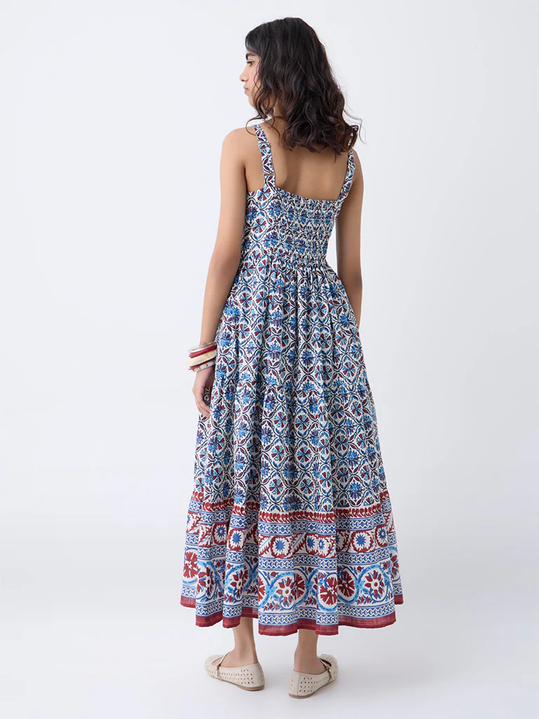 Bombay Paisley Blue Floral Cotton Tiered Dress - Image 4
