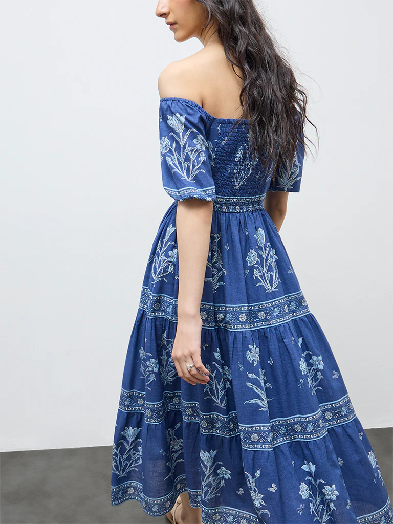 Bombay Paisley Blue Floral Cotton Tiered Dress - Image 4