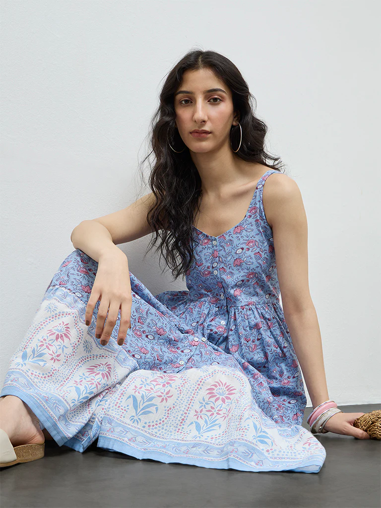Bombay Paisley Blue Floral Cotton Tiered Dress