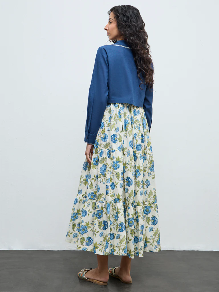 Bombay Paisley Blue Floral Cotton Tiered Dress with Jacket - Image 4