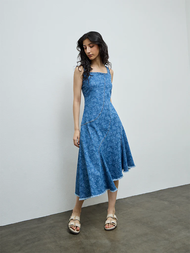 Bombay Paisley Blue Floral Denim A-Line Dress - Image 2