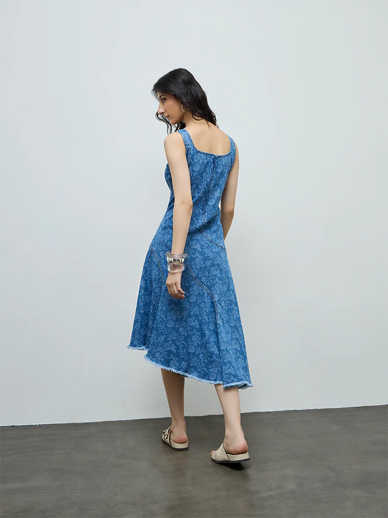 Bombay Paisley Blue Floral Denim A-Line Dress - Image 4