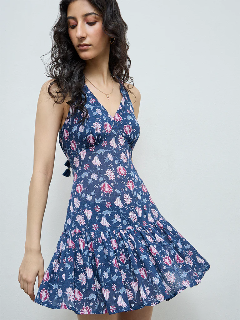 Bombay Paisley Blue Floral Design Cotton A-Line Dress - Image 2