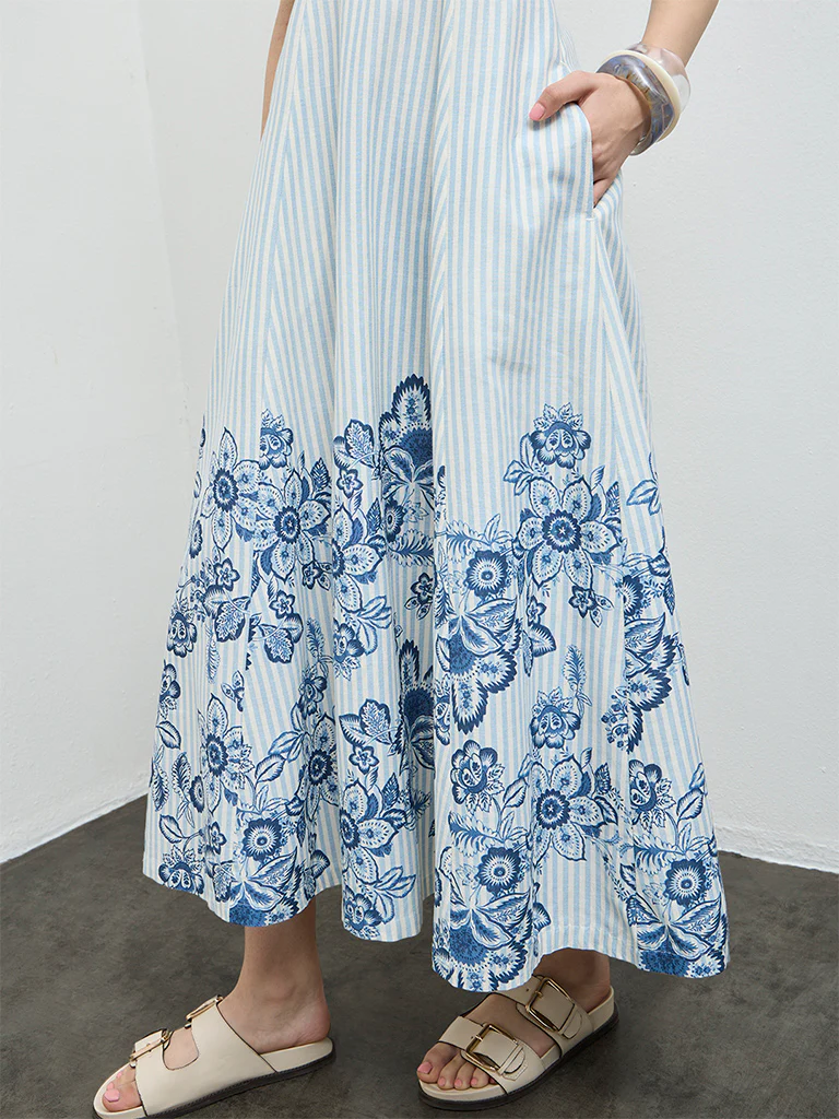 Bombay Paisley Blue Floral Design Off-Shoulder Cotton-Blend A-Line Dress - Image 3