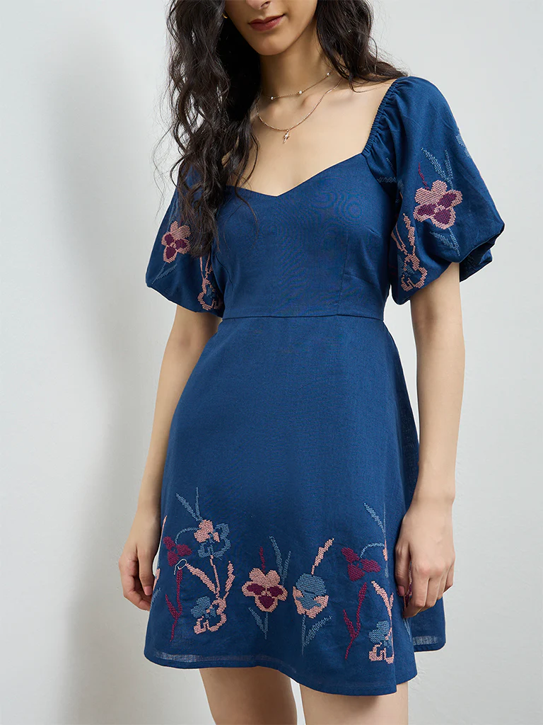 Bombay Paisley Blue Floral Embroidered A-Line Cotton Dress - Image 2