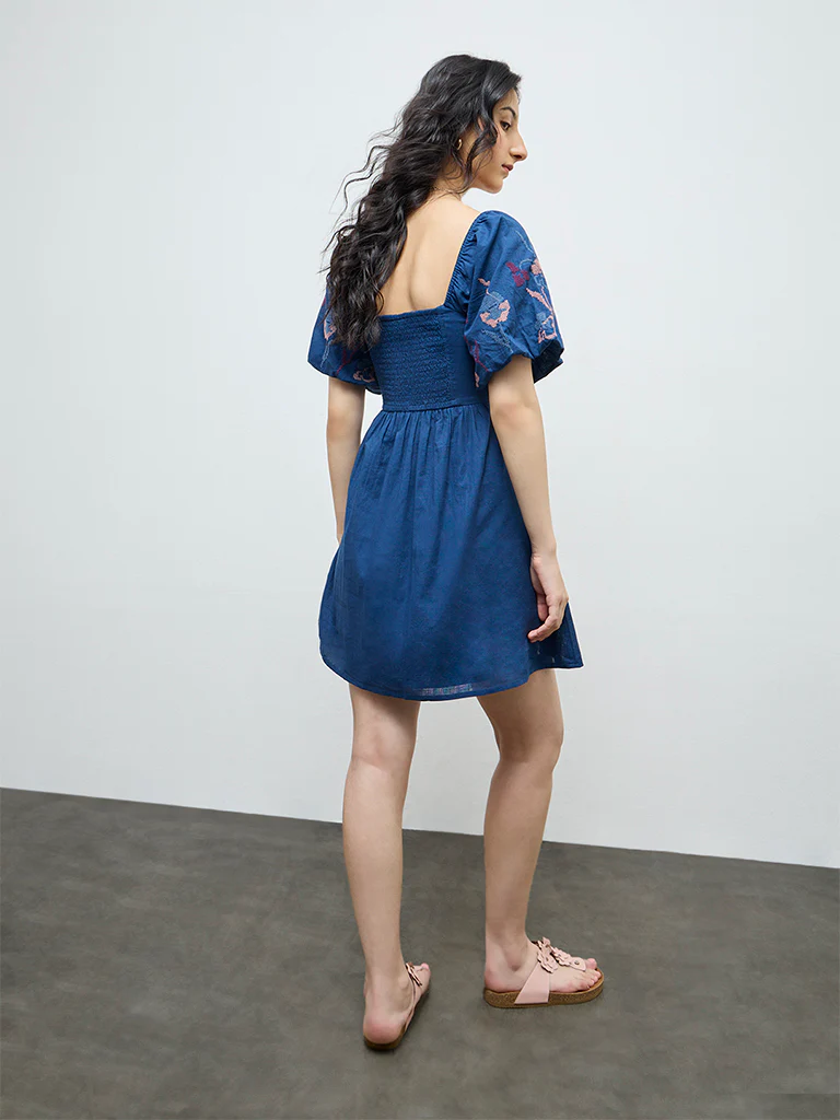 Bombay Paisley Blue Floral Embroidered A-Line Cotton Dress - Image 3