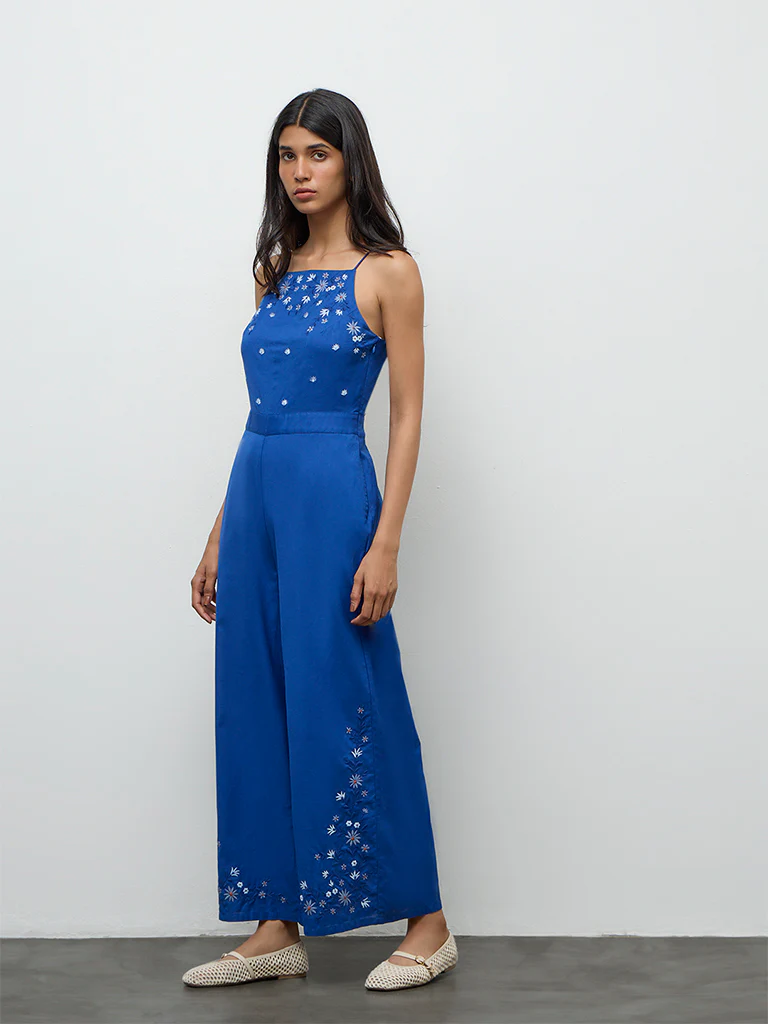 Bombay Paisley Blue Floral Embroidered Cotton-Blend Jumpsuit - Image 2