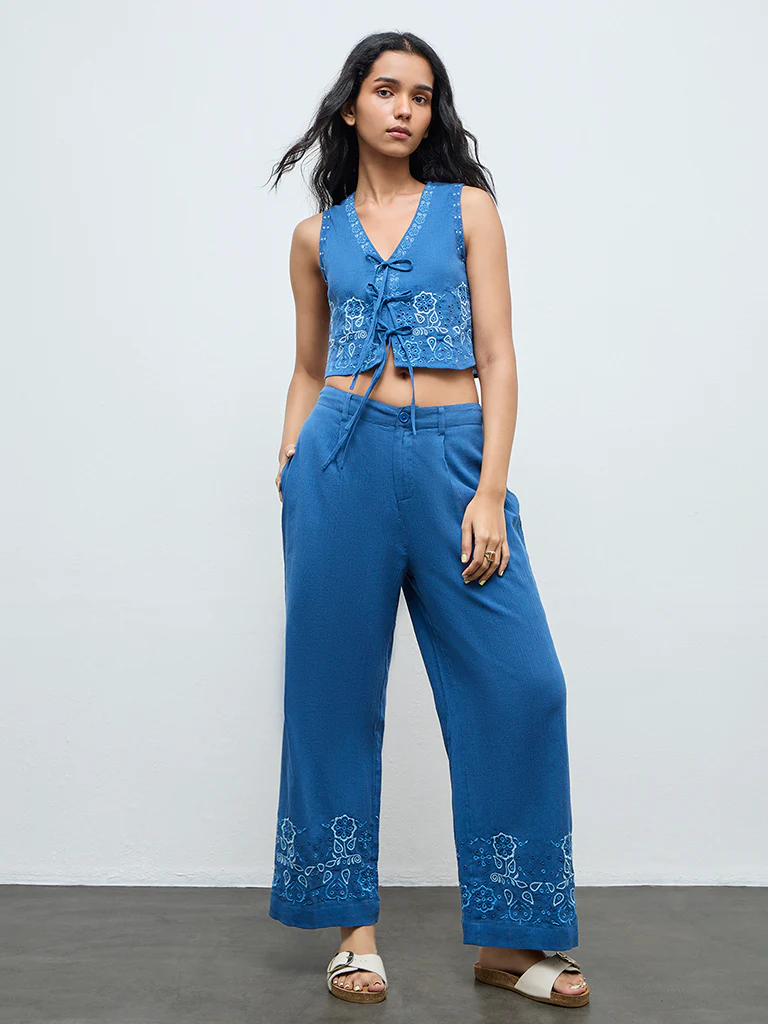 Bombay Paisley Blue Floral Embroidered Cotton-Blend Top - Image 2
