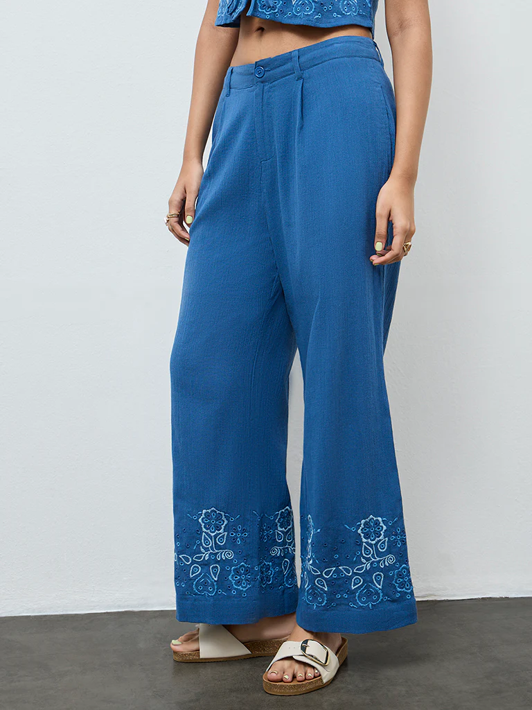 Bombay Paisley Blue Floral Embroidered Cotton Palazzos - Image 2