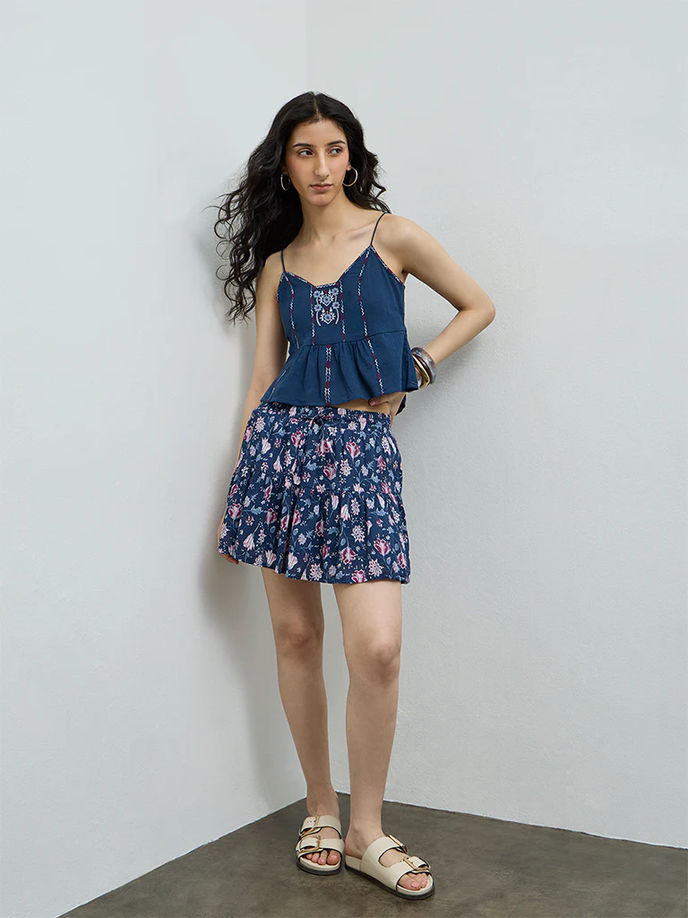 Bombay Paisley Blue Floral Embroidered Cotton Top