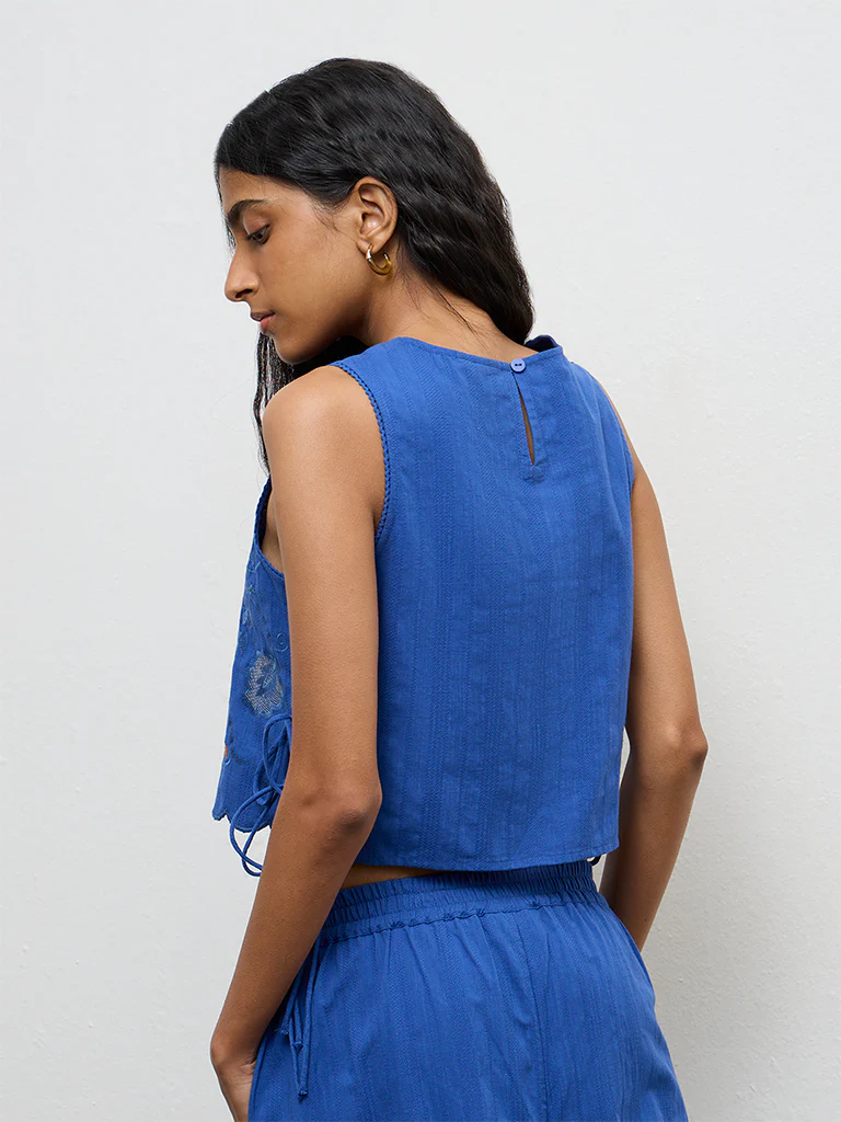 Bombay Paisley Blue Floral Embroidered Cotton Top - Image 4