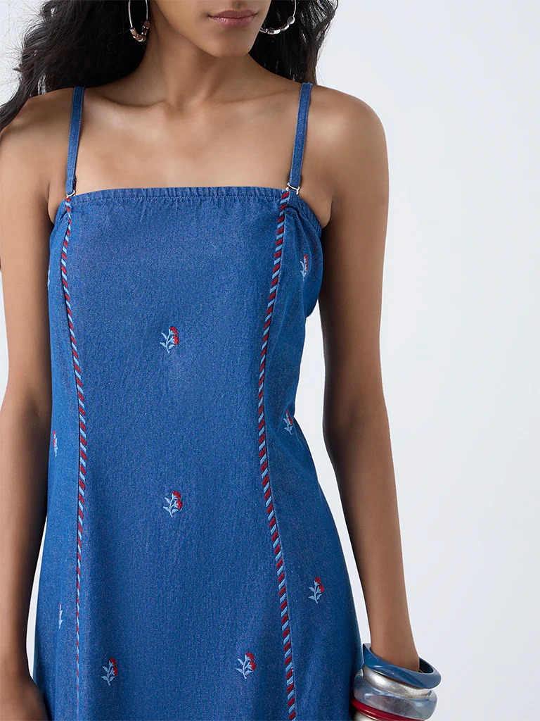 Bombay Paisley Blue Floral Embroidered Denim A-Line Dress - Image 3