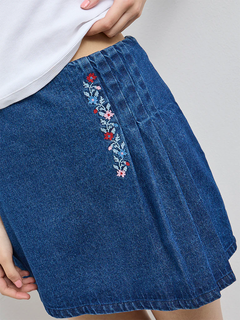 Bombay Paisley Blue Floral Embroidered Denim Skirt - Image 3