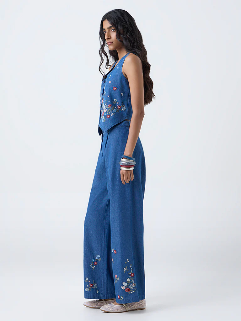 Bombay Paisley Blue Floral Embroidered Denim Waistcoat - Image 2