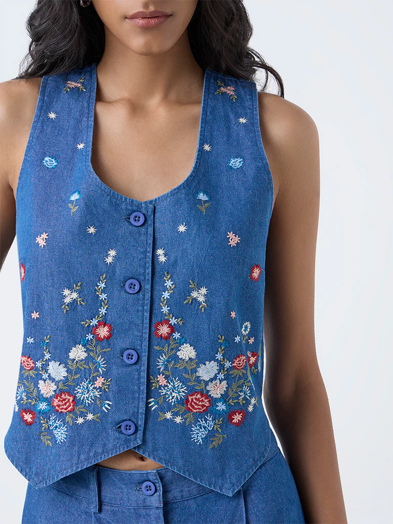 Bombay Paisley Blue Floral Embroidered Denim Waistcoat - Image 3