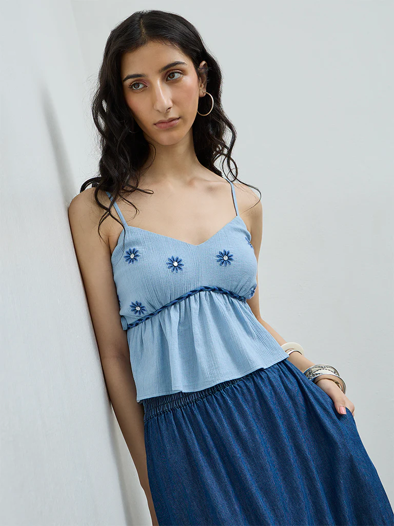 Bombay Paisley Blue Floral Embroidered Peplum Cotton Top - Image 2