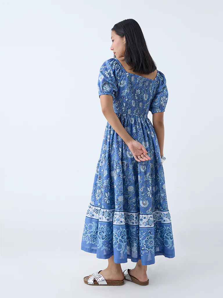 Bombay Paisley Blue Floral Pattern Cotton A-Line Dress - Image 4