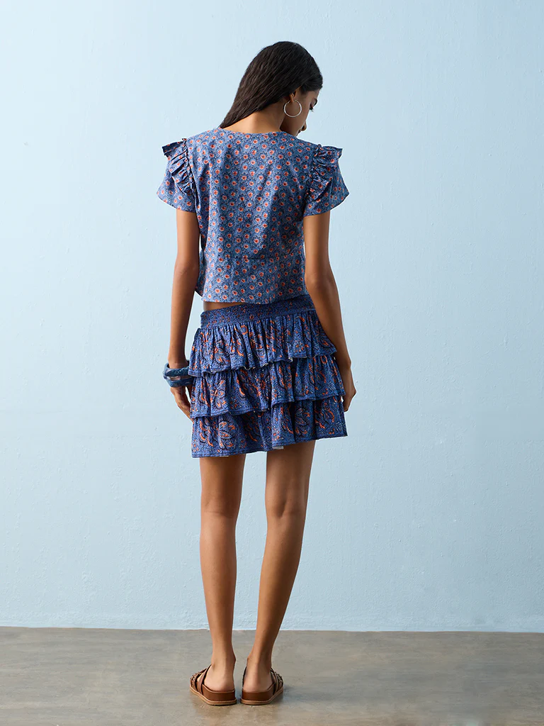 Bombay Paisley Blue Floral Pattern Cotton Mini Skirt - Image 4