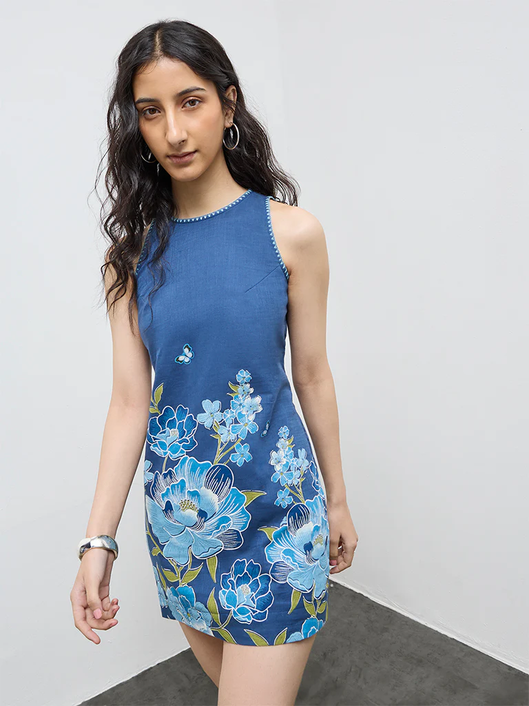Bombay Paisley Blue Floral Pattern Shift Cotton Dress - Image 2