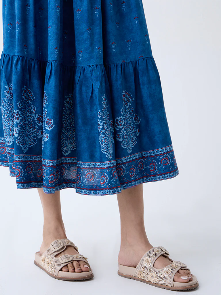 Bombay Paisley Blue Floral Pattern Tiered Dress - Image 3