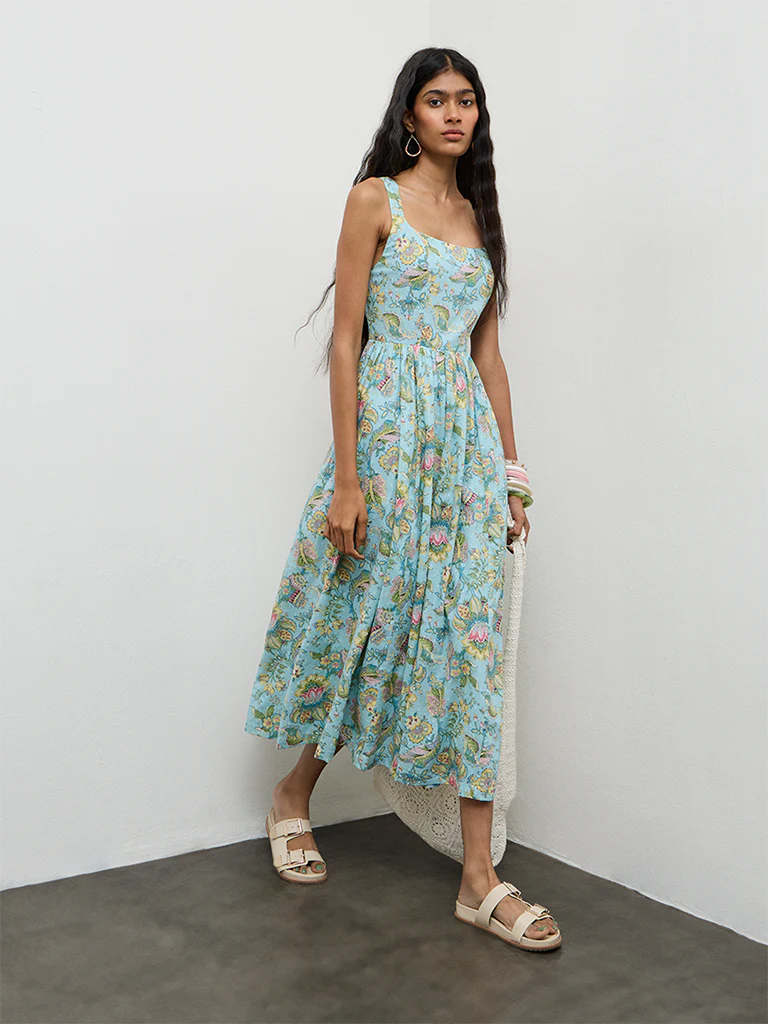 Bombay Paisley Blue Floral Printed Cotton A-Line Dress - Image 2