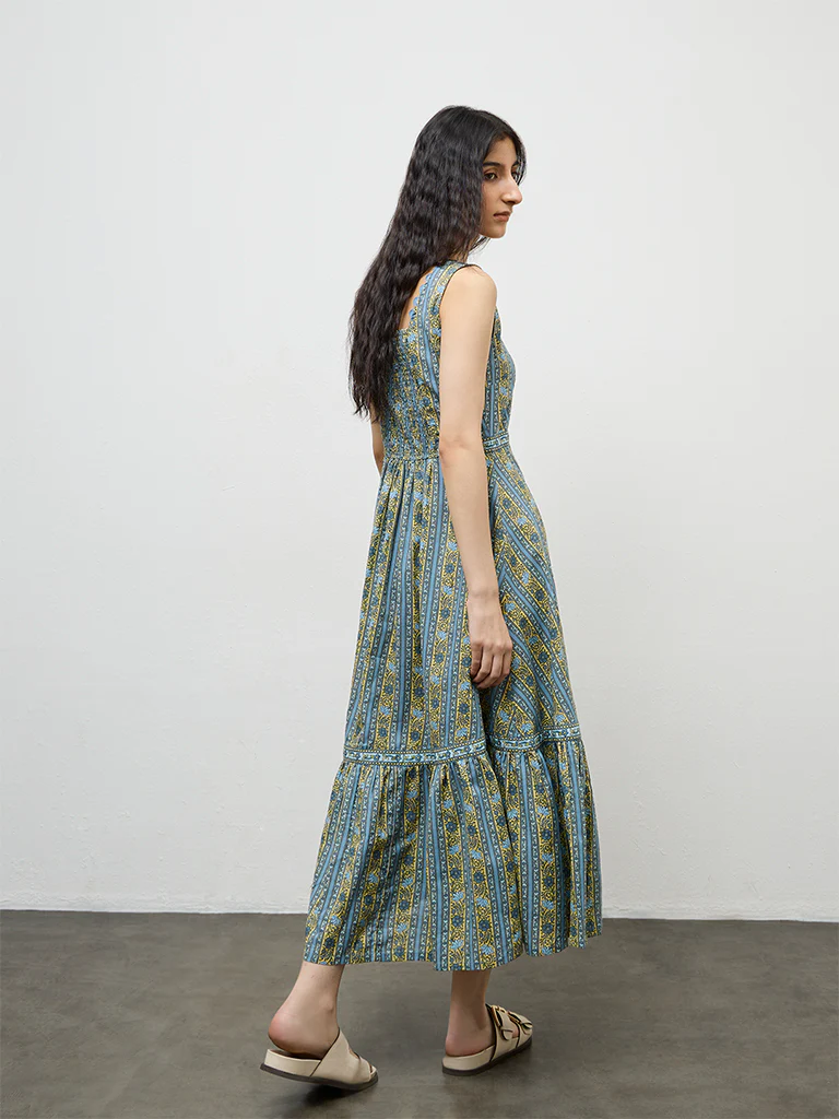 Bombay Paisley Blue Floral Printed Cotton A-Line Dress - Image 4