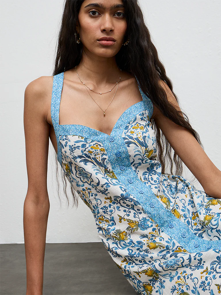Bombay Paisley Blue Floral Printed Cotton A-Line Dress - Image 3
