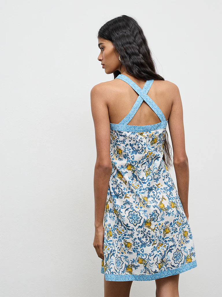 Bombay Paisley Blue Floral Printed Cotton A-Line Dress - Image 4