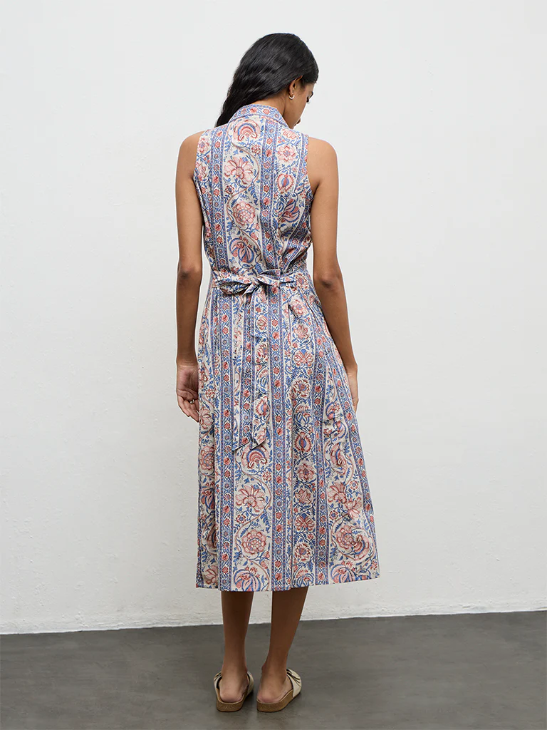 Bombay Paisley Blue Floral Printed Cotton A-Line Dress - Image 4