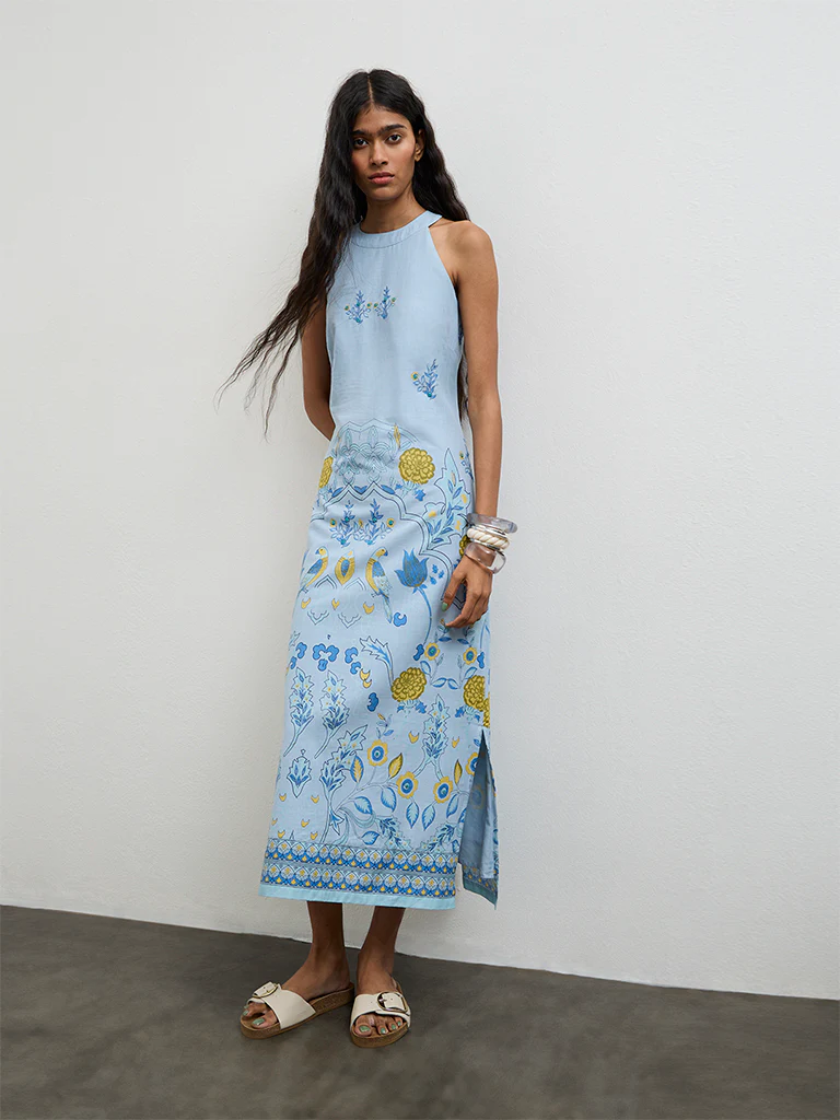 Bombay Paisley Blue Floral Printed Cotton Straight Dress