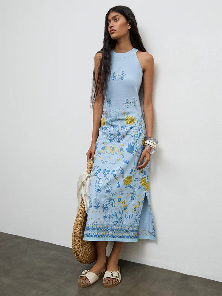Bombay Paisley Blue Floral Printed Cotton Straight Dress - Image 2
