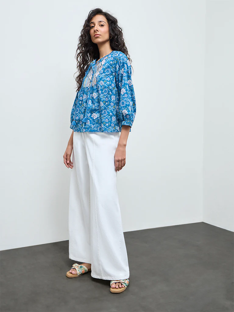 Bombay Paisley Blue Foliage Printed Cotton Top - Image 2