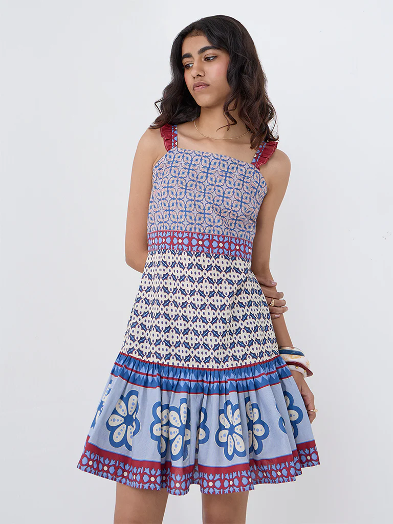 Bombay Paisley Blue Printed Cotton A-Line Dress - Image 2