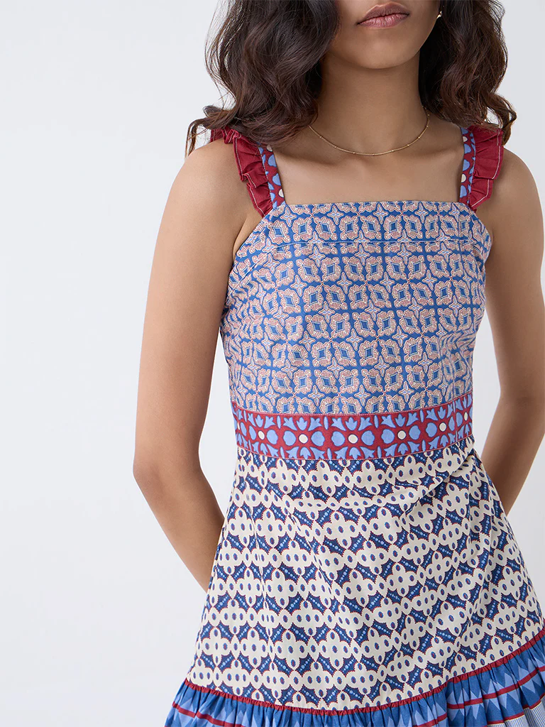 Bombay Paisley Blue Printed Cotton A-Line Dress - Image 3