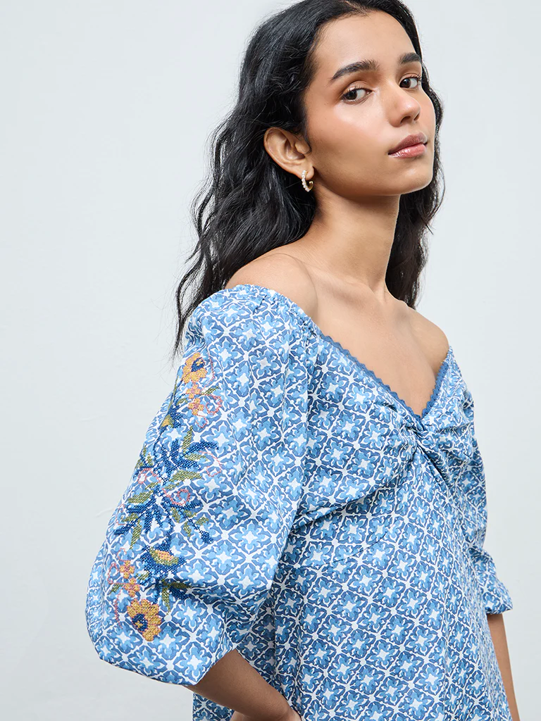Bombay Paisley Blue Printed Cotton A-Line Dress - Image 3
