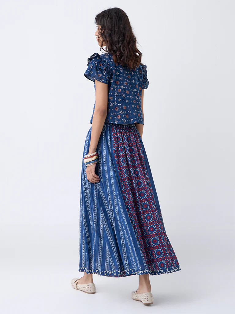 Bombay Paisley Blue Printed Cotton Maxi Skirt - Image 4