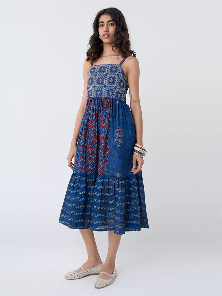Bombay Paisley Blue Printed Cotton Tiered Dress - Image 2
