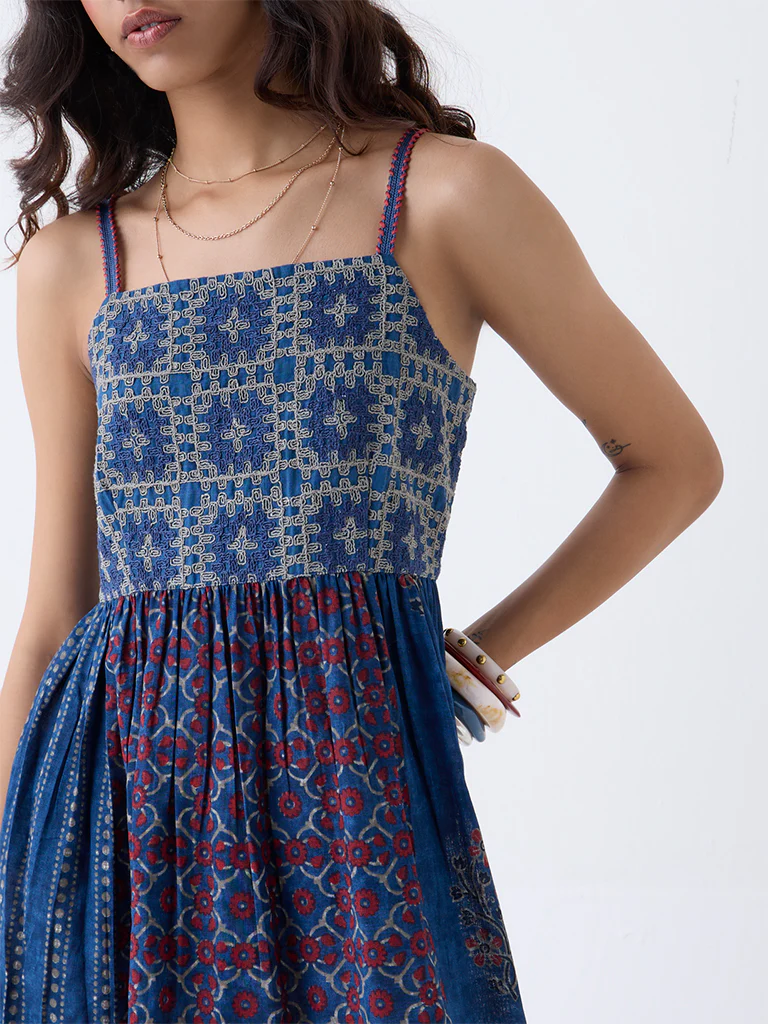 Bombay Paisley Blue Printed Cotton Tiered Dress - Image 3