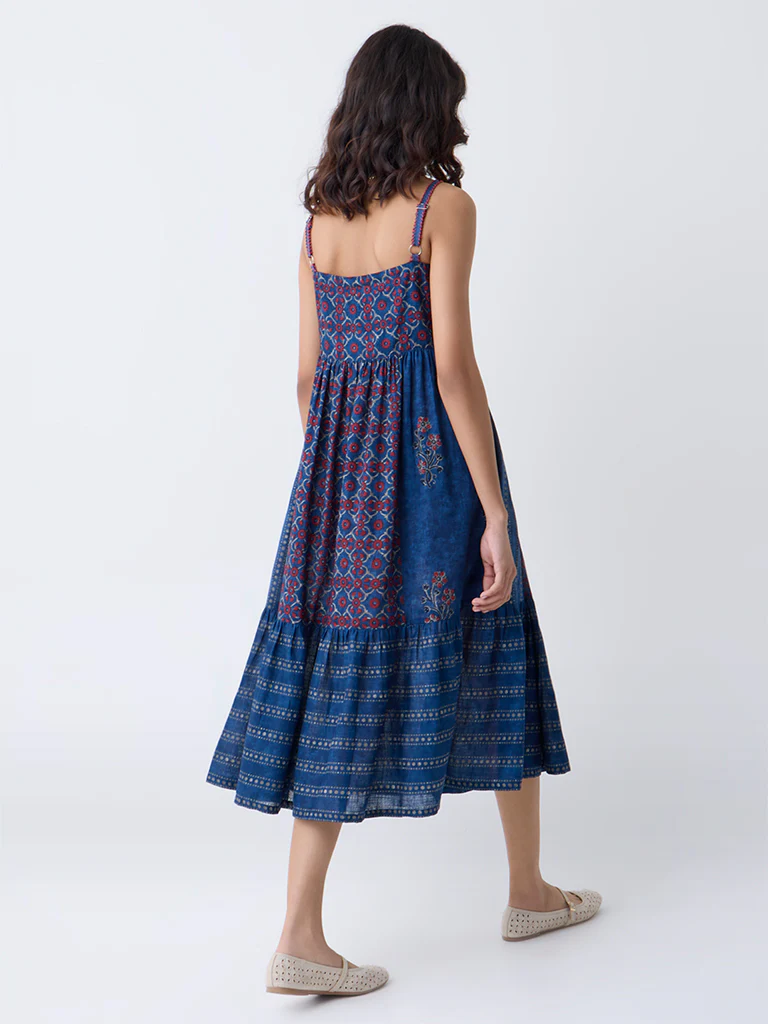 Bombay Paisley Blue Printed Cotton Tiered Dress - Image 4
