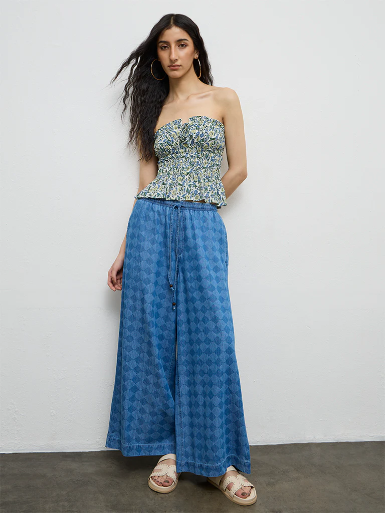 Bombay Paisley Blue Printed High-Rise Cotton-Blend Pants - Image 2