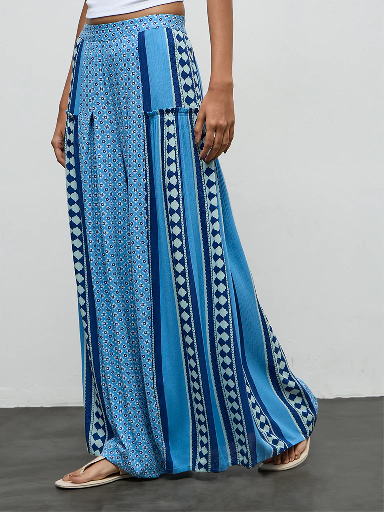 Bombay Paisley Blue Printed High-Rise Cotton-Blend Pants